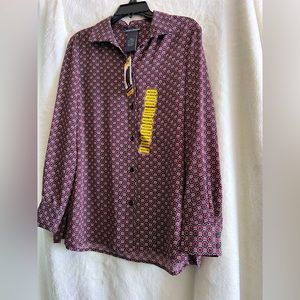 I’m selling a multicolored, medium size, polyester, buttoned up shirt.